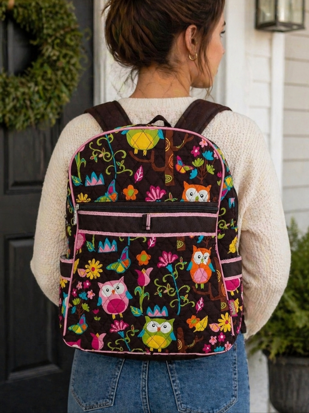N.Gil Brown Pink Quilted Owl Floral Print Kids School Shoulder Backpack Tote